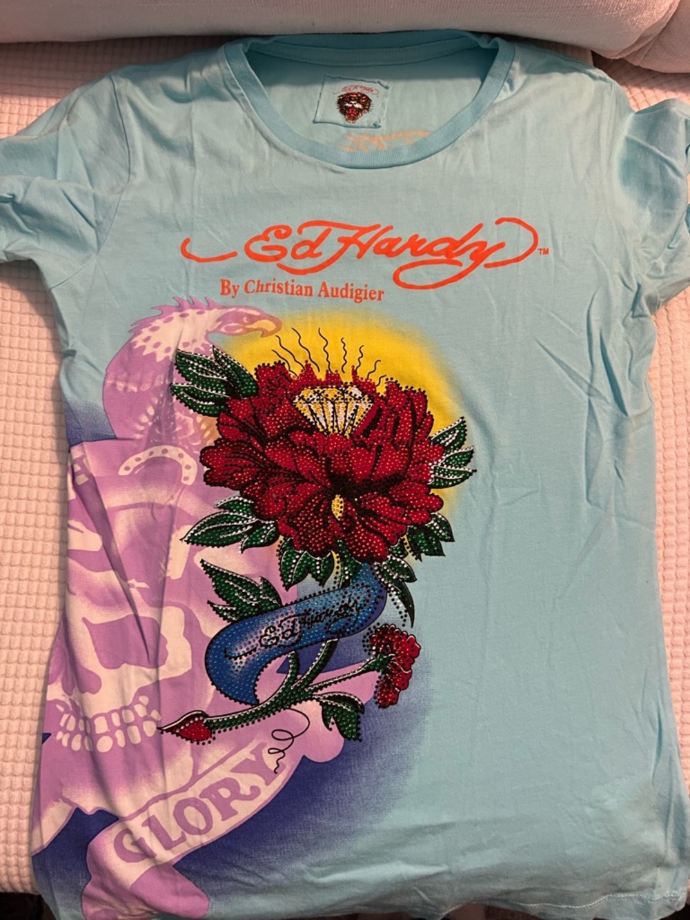 Ed Hardy Light Blue Tee with Red Floral and Blue Snake Graphic